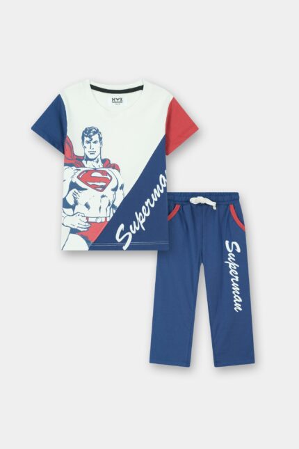 Superman Printed White Blue Summer T-Shirt & Blue Trouser Set for Boys