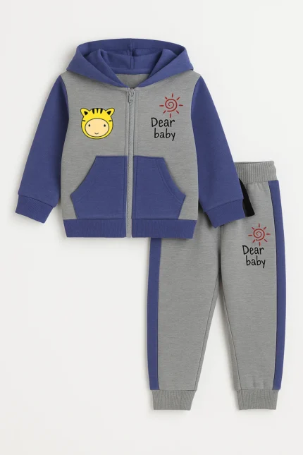 Dear Baby Blue & Grey Zipper Hoodie With Pannel Trouser And Dori 2 Piece Premium Quality Set