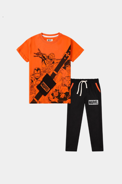 Marvel-Inspired Black Trouser & Orange Shirt Set for Kids – Superhero
