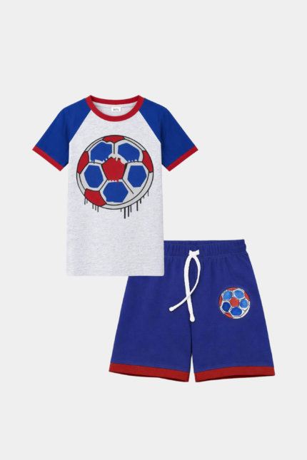 Boys' Summer Football Print T-Shirt & Shorts Set – Red, Blue & Grey Combo (Copy)