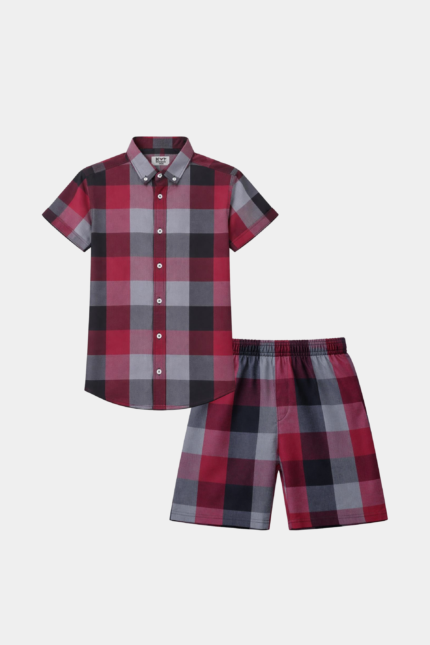 Boys Red & Grey Checkered Shirt with Matching Shorts Summer Outfit Set