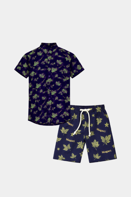 Boys Navy Blue Linen Co-Ord Set – Magari Leaf Print Summer Outfit
