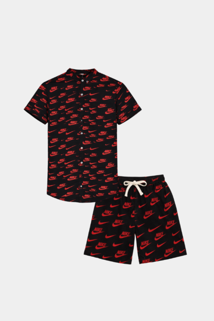 Bold Summer Linen Co-Ord Set – Black & Red Nike Print
