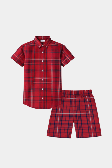 Boys Red Plaid Short Sleeve Shirt & Matching Shorts Summer Outfit Set