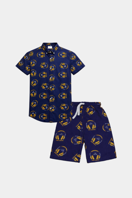 Boys Summer Co-ord Set in Navy Blue – Headphone Print Linen