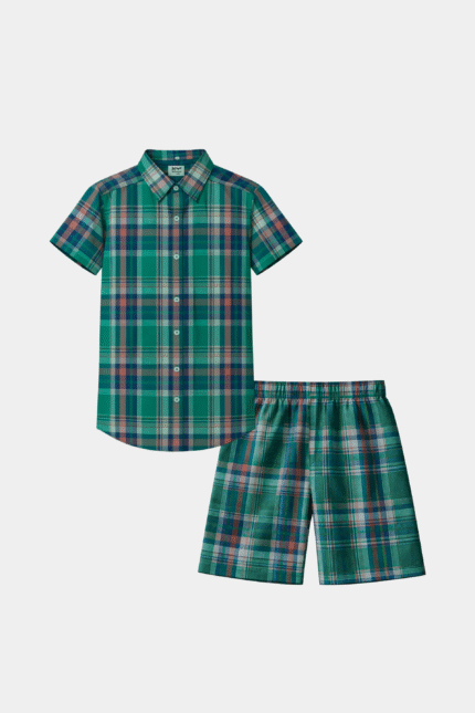 Boys Green Checkered Shirt & Matching Shorts Summer Outfit Set