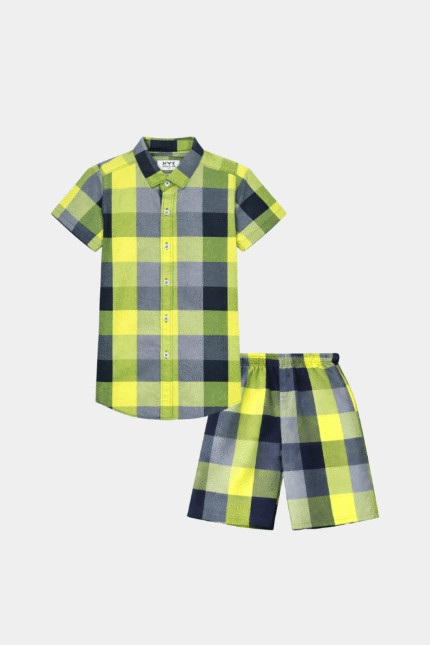 Boys Lime Green & Navy Checkered Shirt & Shorts Set