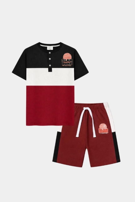 Boys' Basketball Themed Colorblock T-Shirt & Shorts Set