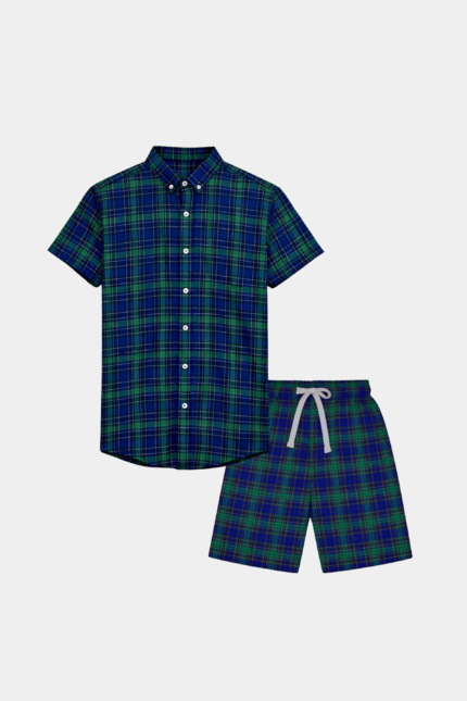 Boys' Olive Green & Navy Checkered Summer Shirt and Shorts Set