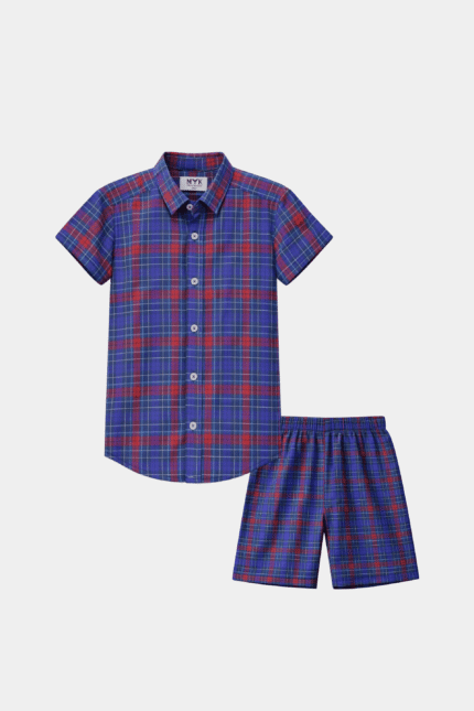 MYK Boys Blue & Red Checkered Shirt & Shorts Set