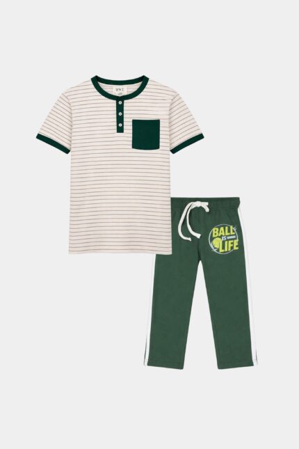 Boys Cotton Summer Set – "Ball is Life" Striped Tee & Jogger Pants