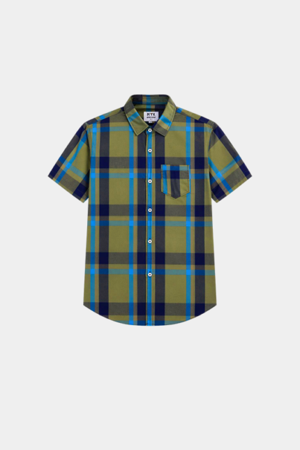 Boys' Stylish Plaid Short-Sleeve Shirt – Olive Green & Blue