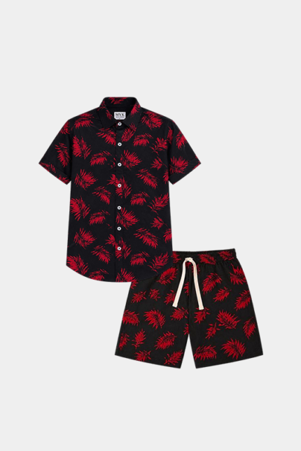 Boys Black & Red Tropical Leaf Linen Co-ord Set