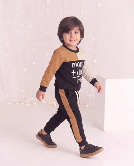 Kids Casual Outfit Graphic Letter Mom+Dad=Me Sweatshirt With Panel Trouser Premium Quality Set