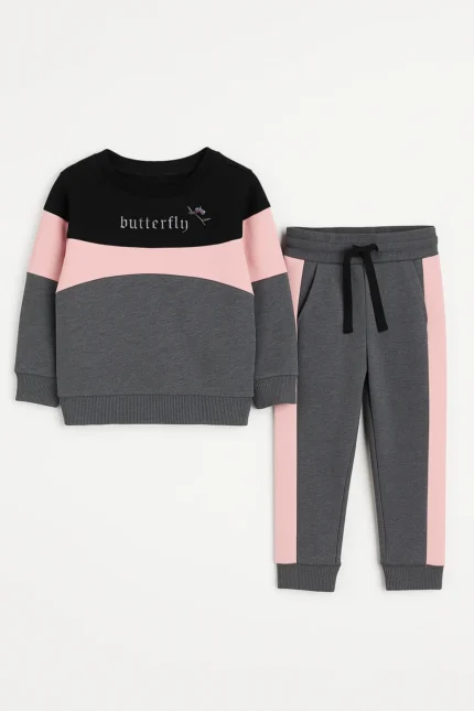 Toddler Girls Butterfly Letter Graphic Black , Pink & Grey Color Sweatshirt With Panel Trouser