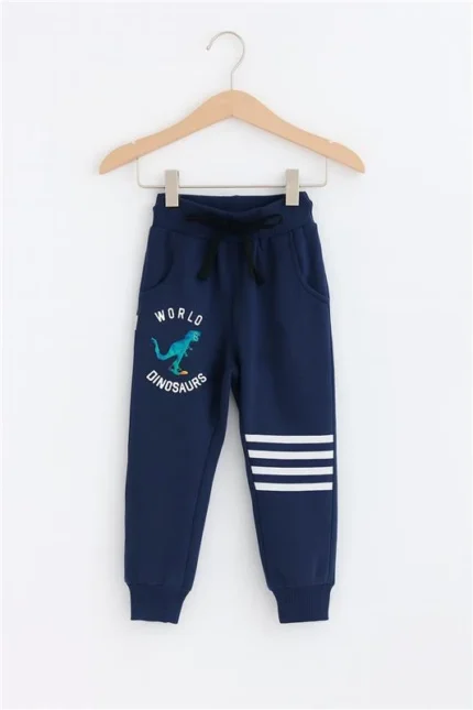kookie Kids full length navy Blue Dino Printed And Striped Winter Wear Lounge